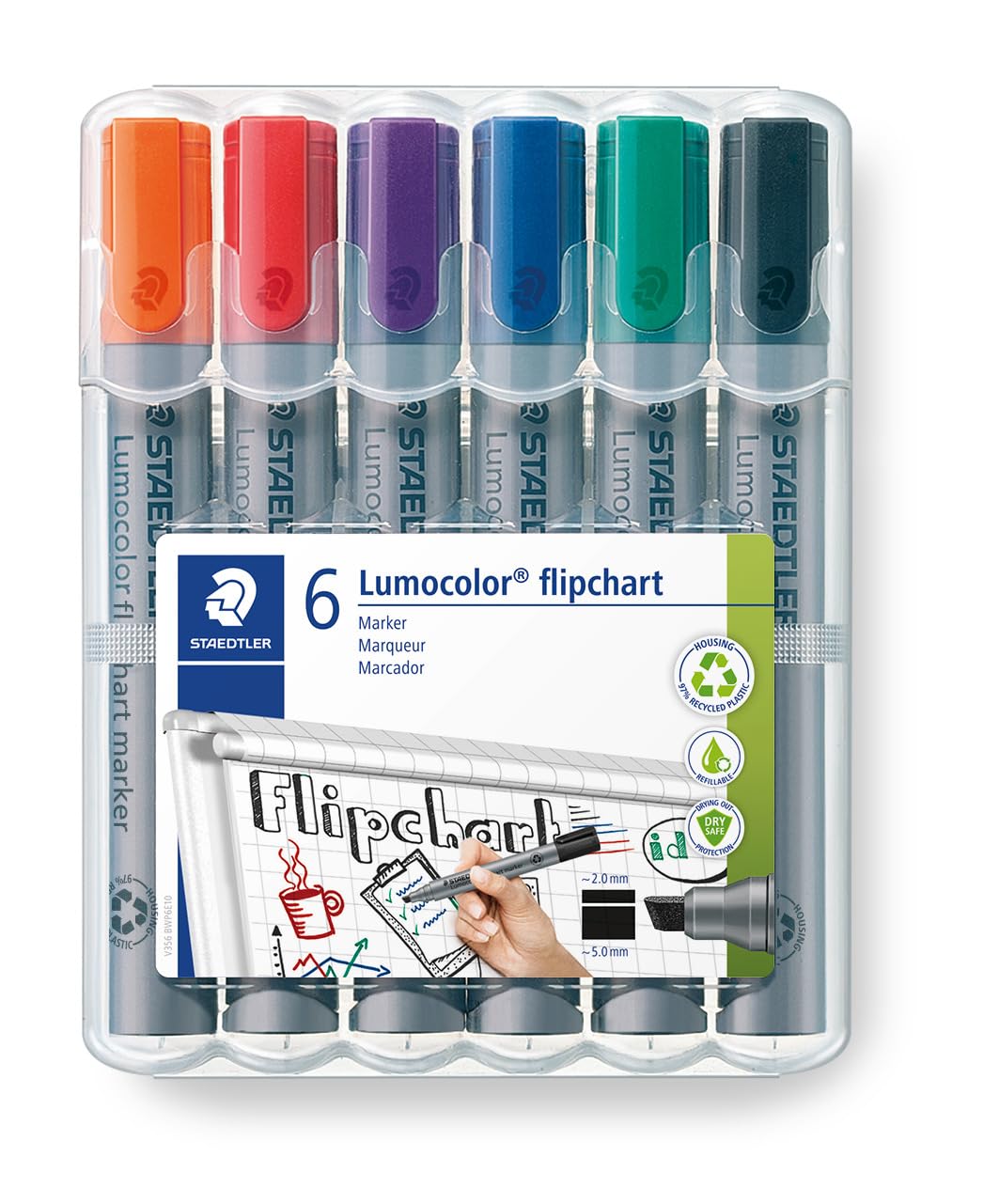 STAEDTLER 356 B WP6 Lumocolor Flipchart Markers, Chisel Tip 2-5mm Line Width - Assorted Colours (Pack of 6)