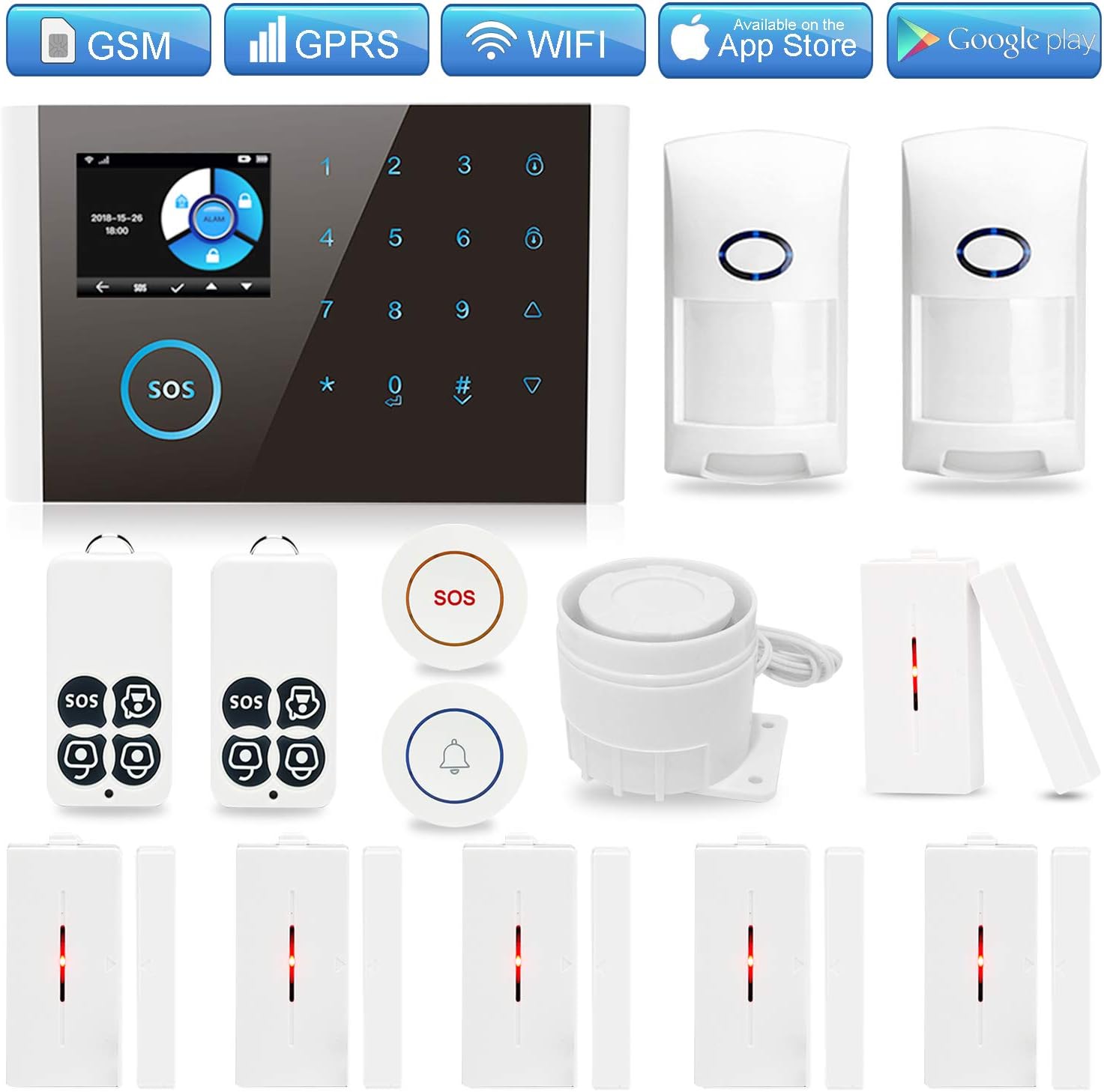 GSM WiFi Home Security Alarm System, TINGPO GPRS Wireless Burglar Alert Wi-Fi SMS Calling Alarms with 6 Door Sensors, 2 Motion Detectors, 1 SOS Call Button, 1 Doorbell Button and 2 Remote Fobs