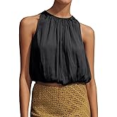 Navonta Womens Summer Halter Tops Cute Sleeveless Crewneck Puffy Hem Bubble Crop Tank Top Casual Dressy Going Out Blouse Top