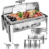 Umisu 13 QT Roll Top Chafing Dish Buffet Set, Stainless Steel Food Warmer with Perspective Window for Parties, Birthday, Hotels and Weddings,1 Full&2 Half&3 Third Size Food Pan and 1 Water Pan