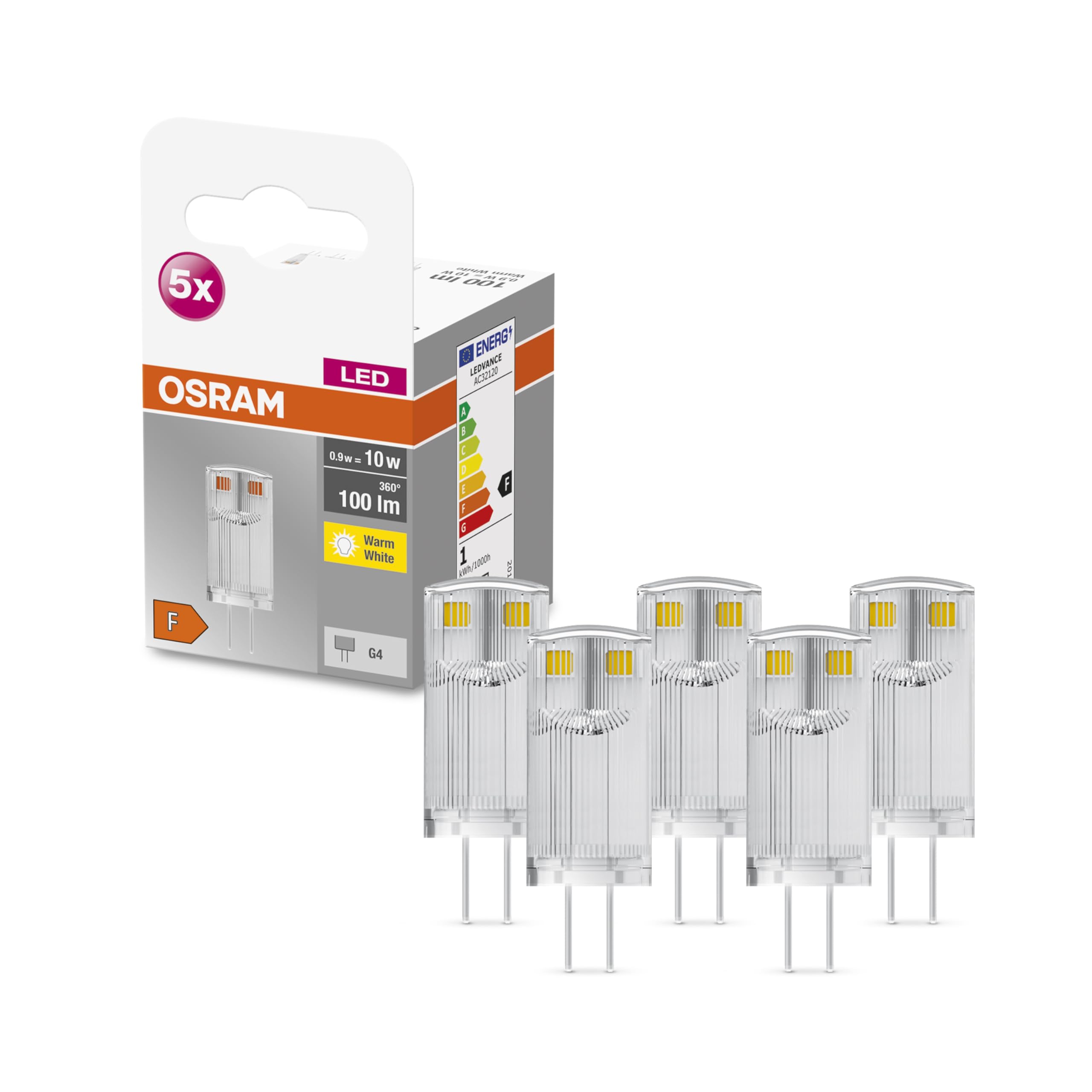 OSRAM Star PIN LED lamp, G4-Base Clear Glass,Warm White (2700K), 100 Lumen, 10W-Replacement, Non-dimmable, 5-Pack