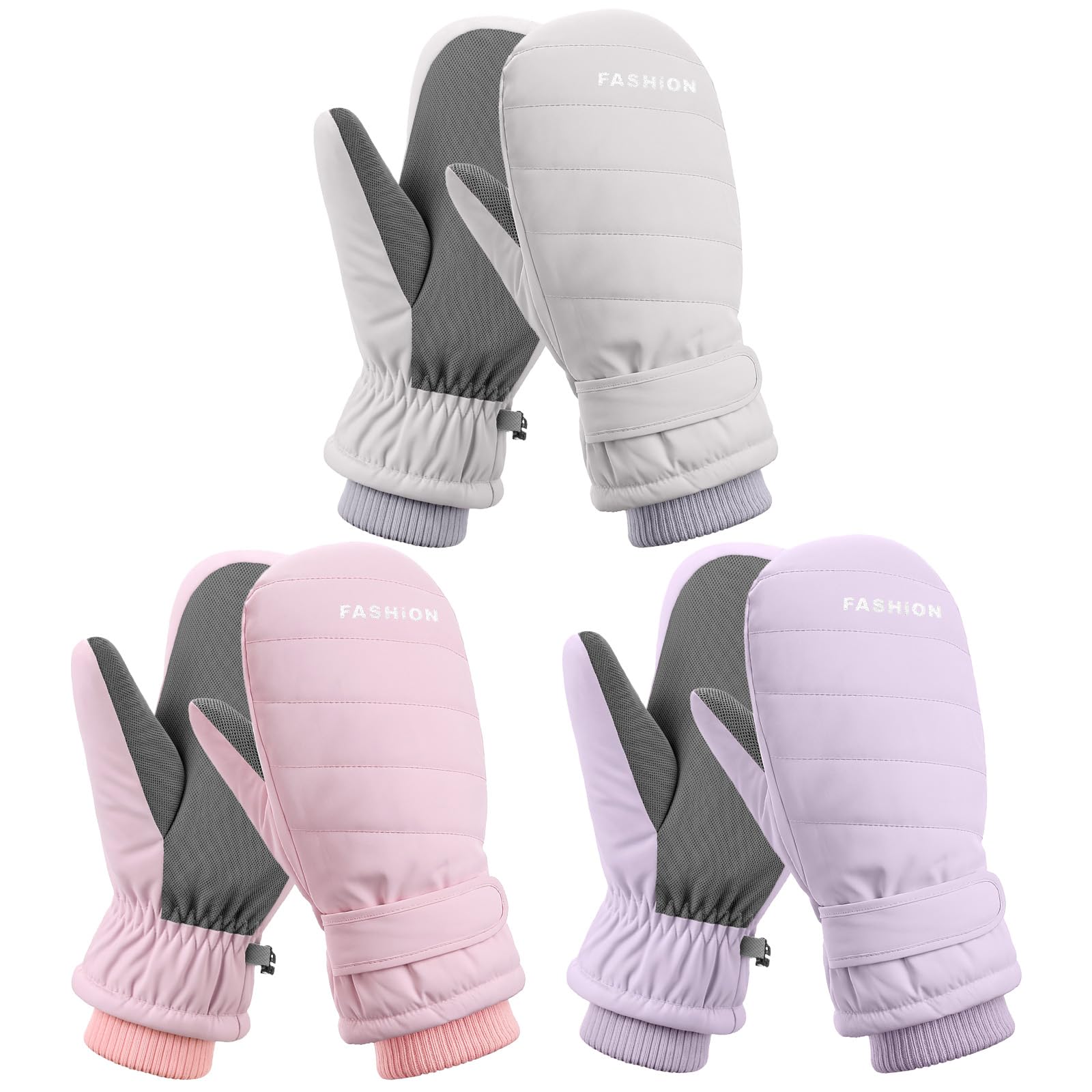 Photo 1 of Funnysoft 3 Pairs Outdoors Winter Ski Mittens for Men Women Anti Slip Snow Windproof Gloves with Fleece Lining for Cold Weather(Gray, Pink, Purple)