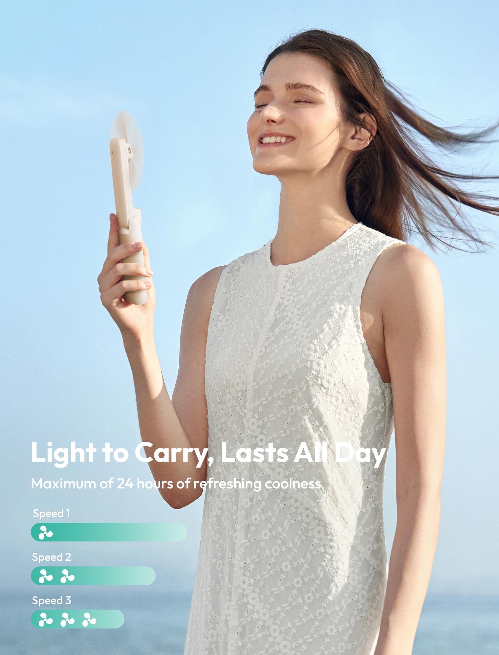 Aecooly Slim Portable Fan, Thin Handheld Fan, USB Rechargeable Mini Personal [24H Max Cooling Time], Battery Powered Small Foldable Pocket for Travel, Summer, Gifts for Women, Girls -Beige