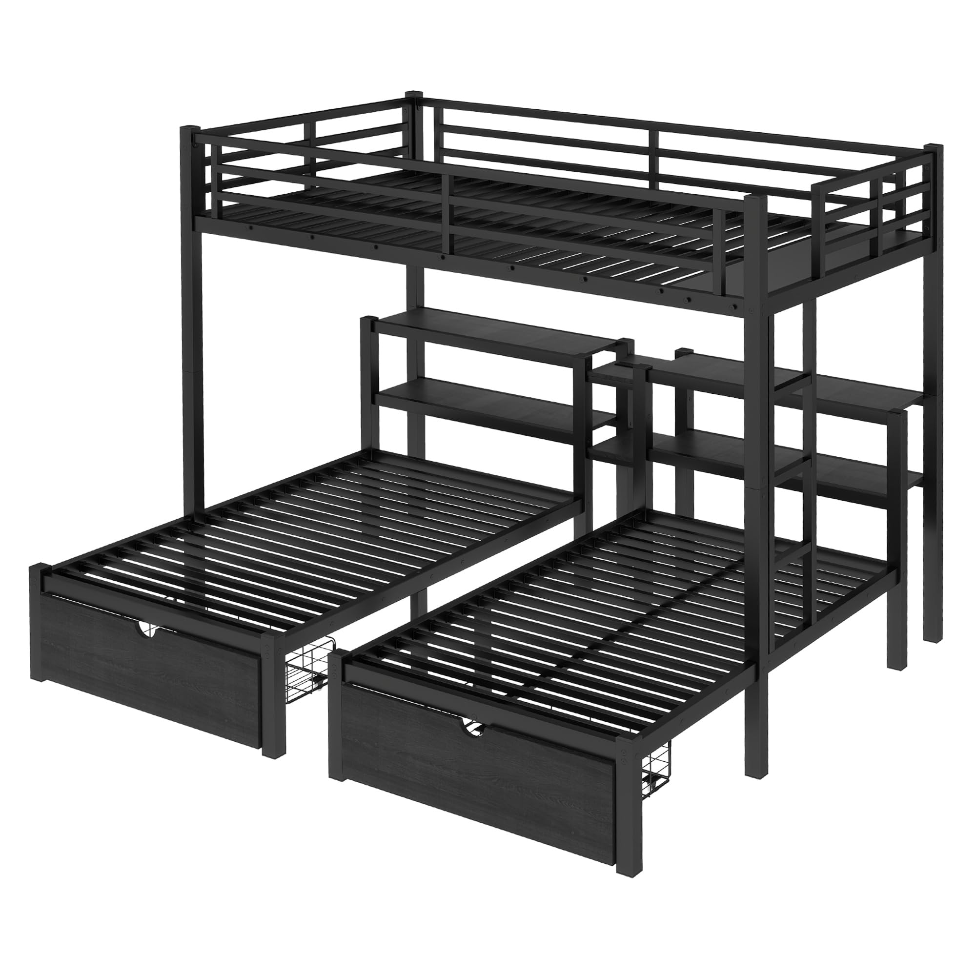 Photo 1 of Heavy Duty Triple Bunk Bed with Storage Drawers, Shelves, Triple Bed with Charging Station, Full XL Over Twin Over Twin Triple Bunk for Kids, Teens, Black Triple Bunk Bed