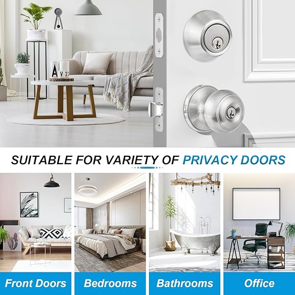 PLUSTOOL 4 PACK EXTERIOR DOOR LOCK SET, SATIN NICKEL DOOR KNOB AND DEADBOLT COMBO SET, KEYED ALIKE ENTRY DOOR KNOBS WITH LOCK&KEYS, ROUND BALL DOOR LOCKSETS WITH DEADBOLT FOR ENTRANCE AND FRONT DOOR