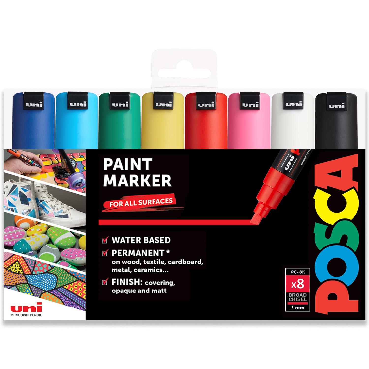 posca Paint Markers, 8K Broad Bold Chisel Tips, Acrylic Artist Recommended Pens for Coloring Gifts, Decorations, Fabric, Canvas, Glass, Wood or Metal, Set of 15