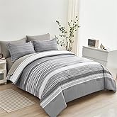 KAKIJUMN 7 Piece Bed in a Bag Stripe Comforter Set Full Size, White Grey Patchwork Striped Comforter and Sheet Set, All Season Soft Microfiber Complete Bedding Set(Light Grey,Full)