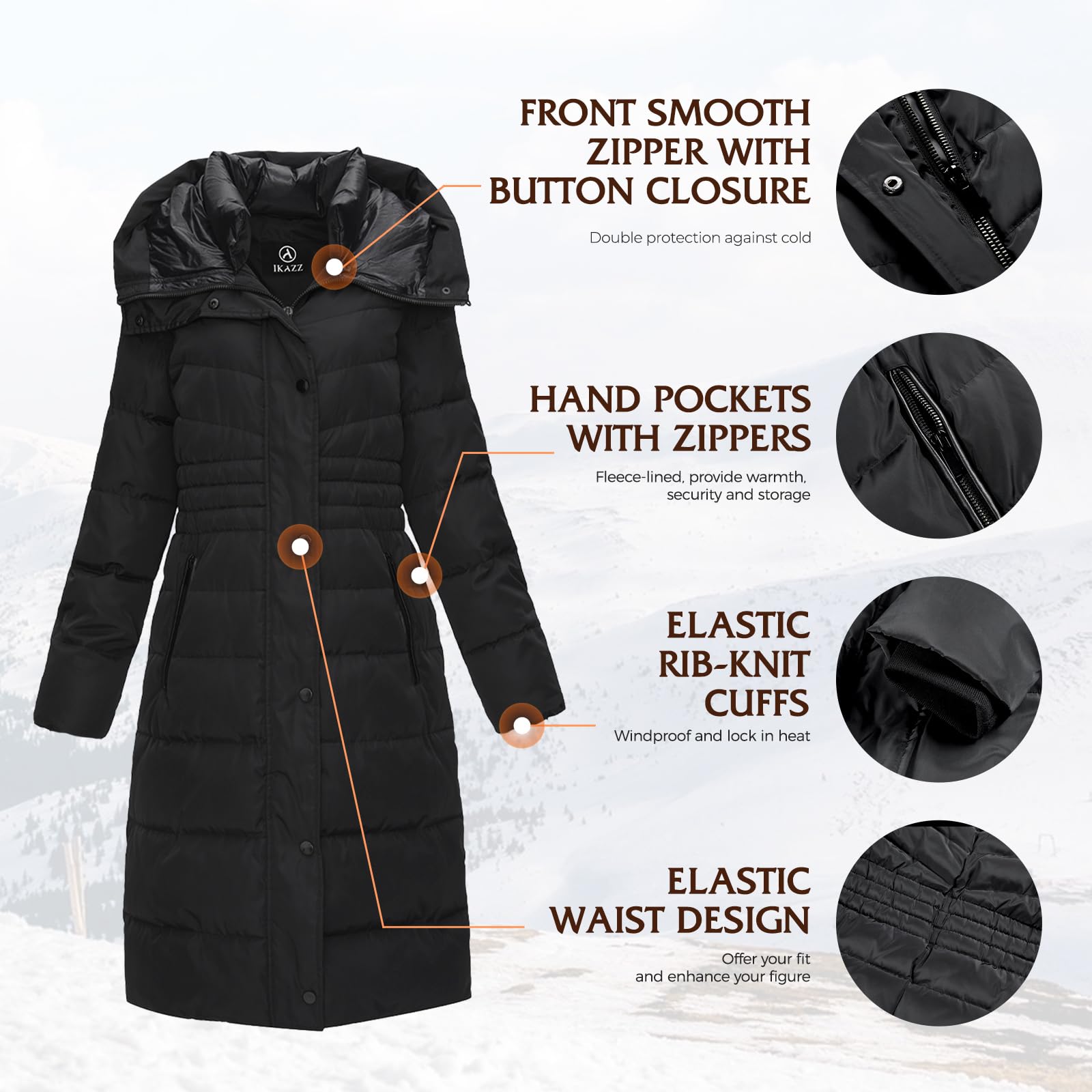 IKAZZ Women's Winter Coats, Thickened Warm Insulated Vegan Down Long Parka Jacket with Hood