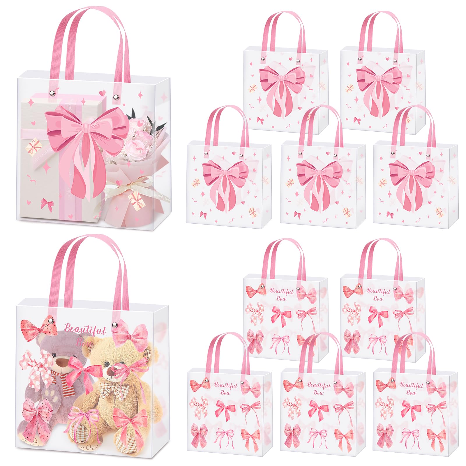 Photo 1 of 12 Pcs Pink Bow Clear Gift Bags with Handles, Reusable Frosted Plastic Gift Bag Pink Coquette Bowknot Party Favor Bags for Party Baby Shower Wedding Birthday 7.87 x 7.87 x 3.94 Inch