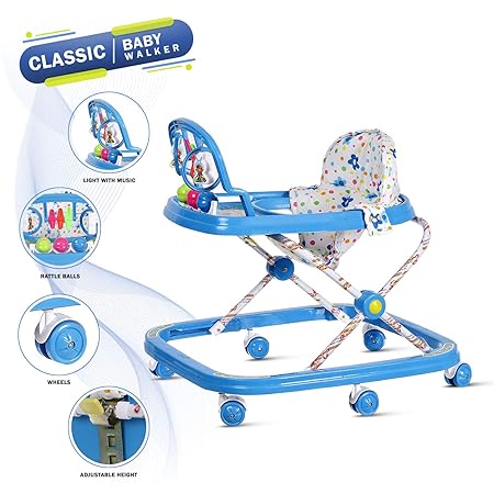 NHR Classic Baby Walker with Rattles, Hanging Toys and Adjustable Height (Red, Blue, 6-12 Months)