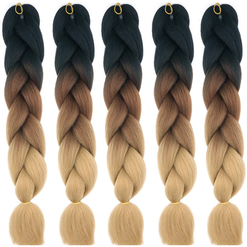 24" Braiding Hair Extension Jumbo Braids Synthetic 5bundles/pack Crochet Hair Afro Box Braid Heat Resistent (Black&Dark Brown&Light Brown)