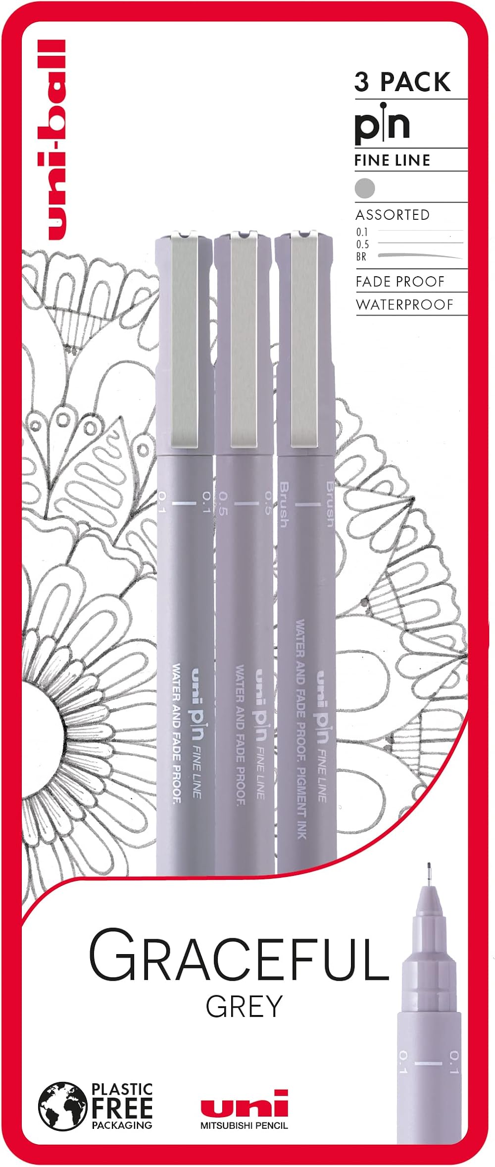uni-ball PIN Fineliners Grey Pack of 3 Fine Tip 0.1 0.5 Brush