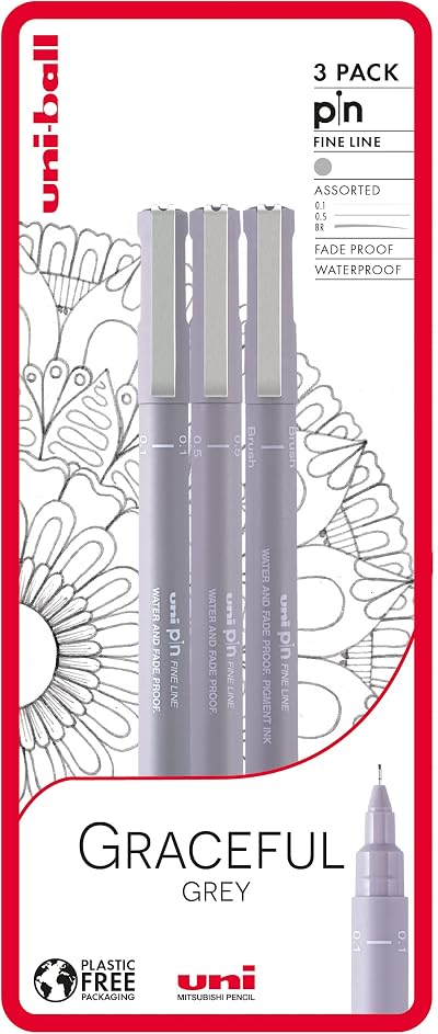 uni-ball PIN Fineliners Grey Pack of 3 Fine Tip 0.1 0.5 Brush