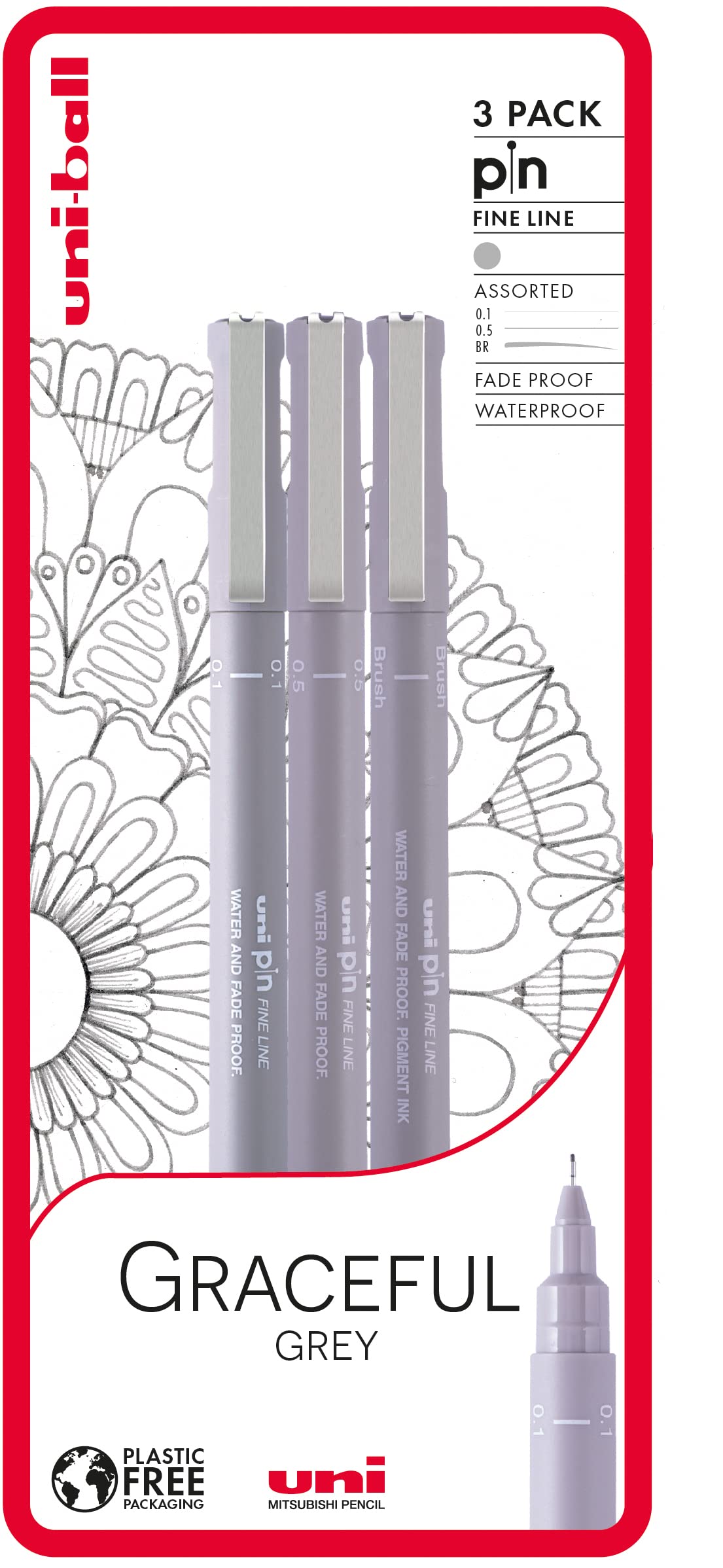 Uni-ball PIN Fineliners, Grey Fine Tipped Writing Pens, Water and Fade-Resistant Ink, Ideal for Architects, Sketching, Scrapbooking, Outlining, Art, Technical Drawing, Archival Quality, Pack of 3