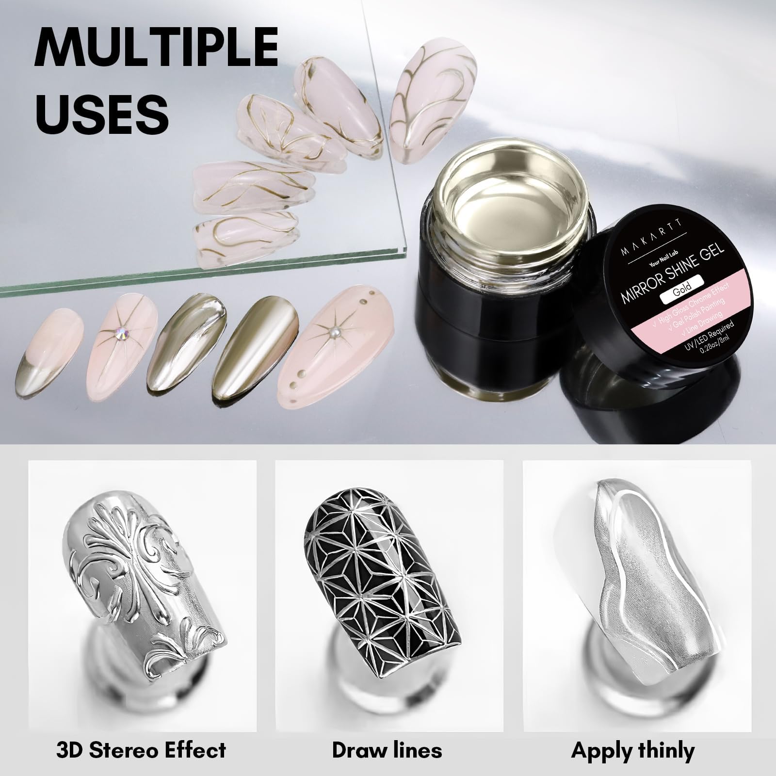 Makartt Chrome Gel Nail Polish Set: Metallic Gel Nail Polish, Silver and Gold 3D Metal Painting Gel for Nail Art Soak off UV/LED Glossy Mirror Effect Nail Glue Gel for Home Salon DIY Manicure（2pcs） - Image 3