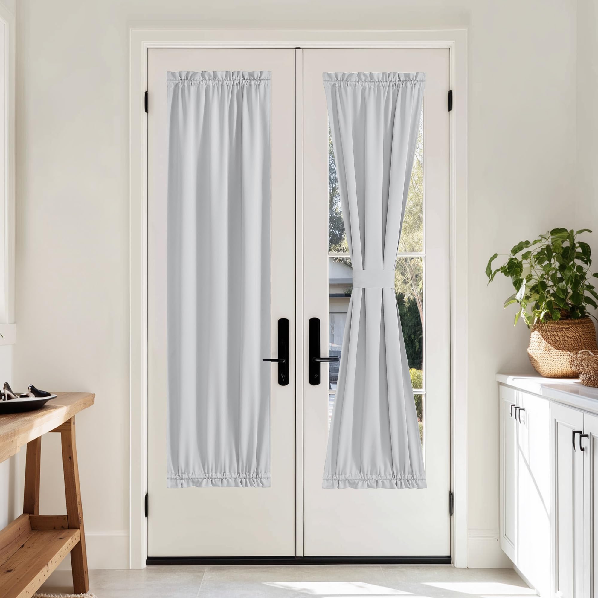 Photo 1 of NICETOWN 100% Blackout Door Curtain for French Front Door Thermal Insulated Window Covering with Tieback for Patio Glass, Room Darkening Drapes for Living Room, W25 x L72, 1 PC, Greyish White