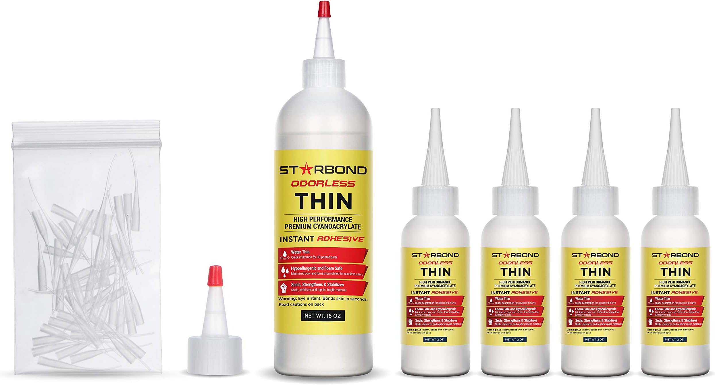 STARBONDN/O-05 Odorless Thin, Premium CA Super Glue - Foam Safe INFILTRANT Plus Extra Bottles, Caps, and Microtips, 16 oz. (Bulk Size) (for 3D Printing, Woodturning, Hobby)
