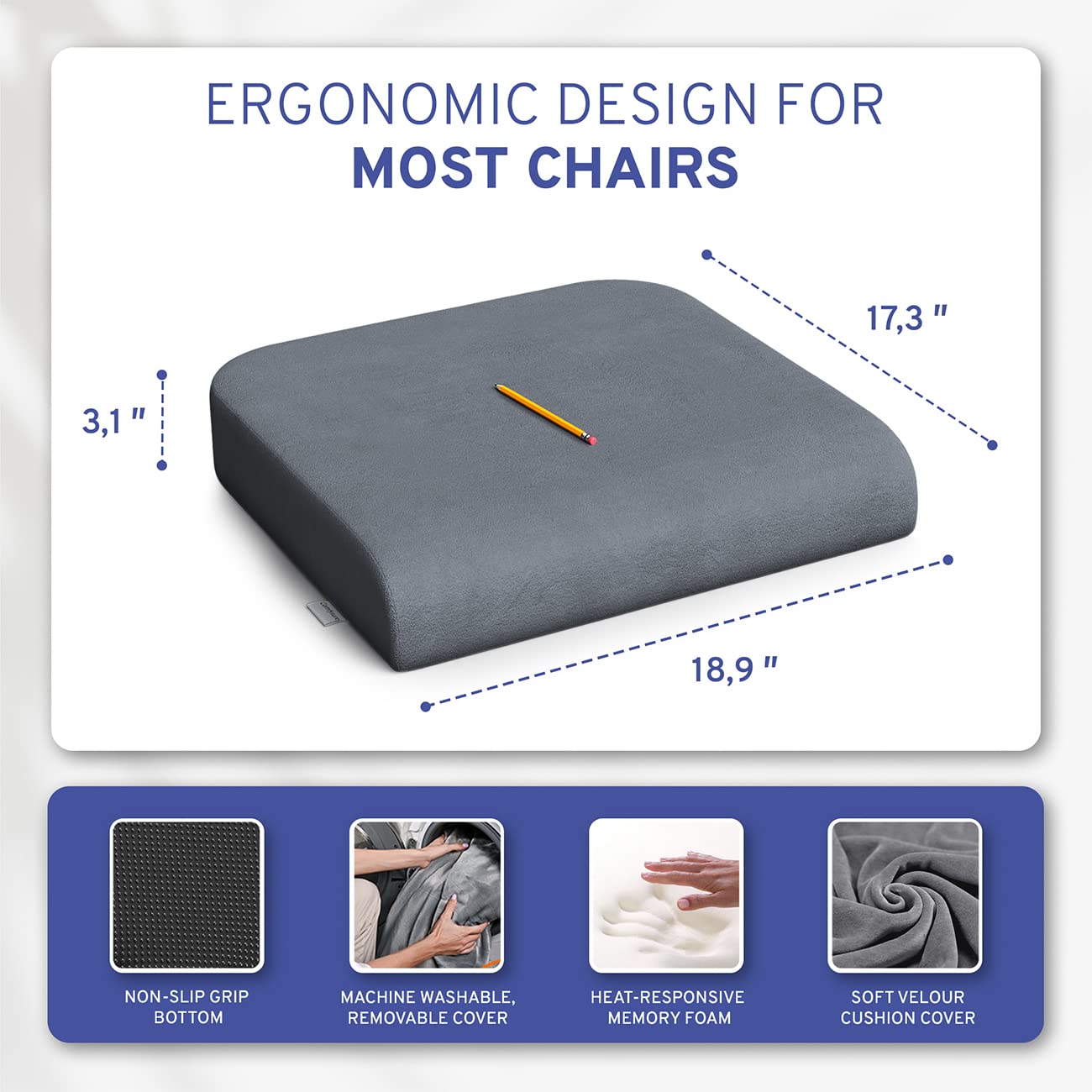 Seat Cushion Extra Large - Firm Memory Foam Chair Pad for Recliner, Wheelchair, Office Chair, Stadium, Bleacher, Car, Floor, Patio Furniture, Bariatric Overweight Users 19”x17”x3”