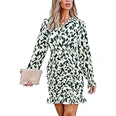 CUPSHE Shirred Ruffle Mini Fall Dresses for Women Surplice V Neck Long Poet Sleeve Abstract Print Casual Autumn Dress