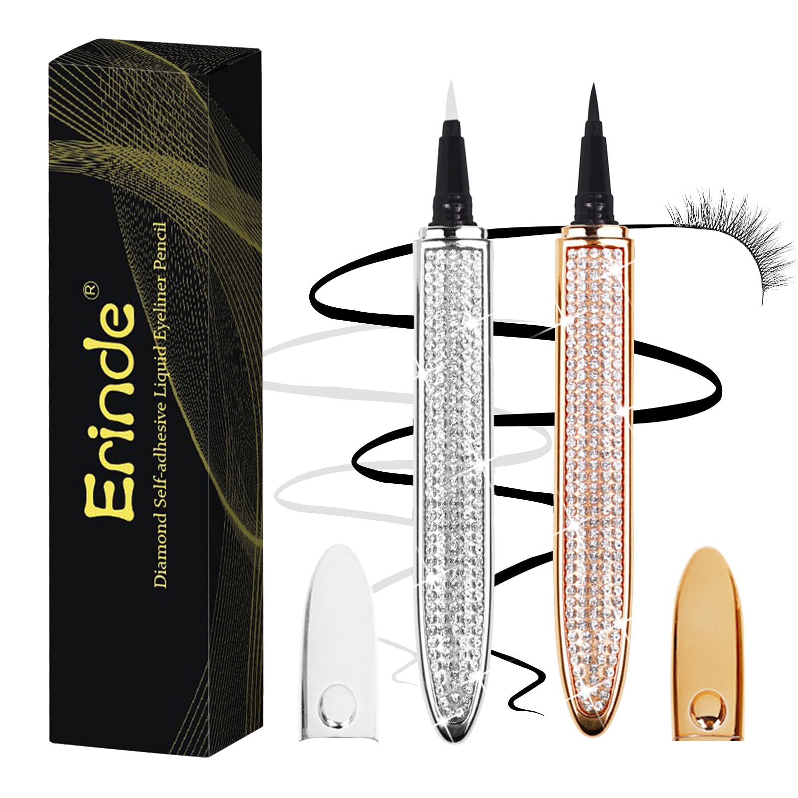 Erinde 2PCS Upgraded Self-adhesive Eyeliner Pencil, Eyelash Glue Pen, No Magnetic Liquid Eyeliner Pen, Eye Liner for Eye Makeup and Wear Normal False Eyelashes, Black & Clear (SET C)
