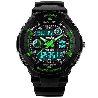 BesWLZ Kids Watch Sport Multifunction Green Led Light Digital Waterproof Electronic Quartz Watches for Boy Girls Kids Gift (Green)