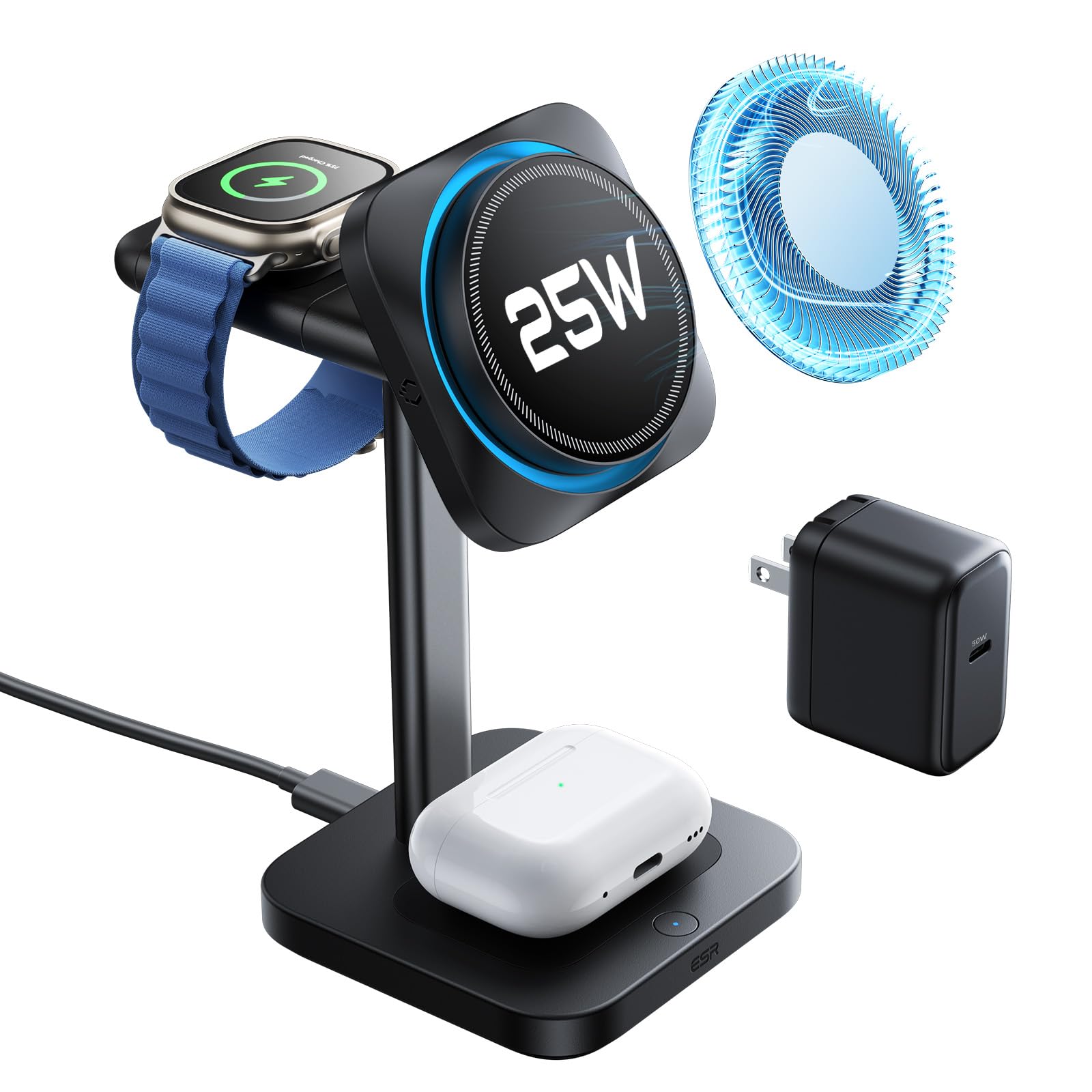 Photo 1 of ESR for 3-in-1 Charging Station, Qi2.2 Certified 25W MagSafe Charger Stand with CryoBoost, Phone-Cooling Fast Charging Station, for iPhone 17/16/15/14/13/12, AirPods, Apple Watch, Black