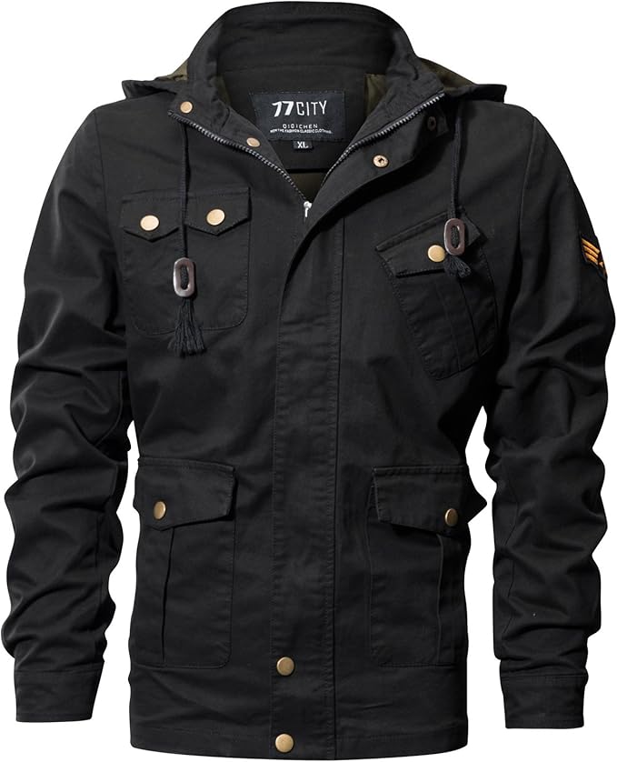 DHYZZ Men's Hooded Military Cotton Tactical Jacket Multi Pocket Outdoor