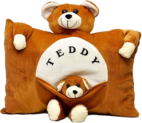Jassi Toys Baby Stuffed Soft Toy Plush Cushion | Baby Hug Pillow Teddy Bear Cartoon Figure Pillow for Kids Birthday Gift - Brown