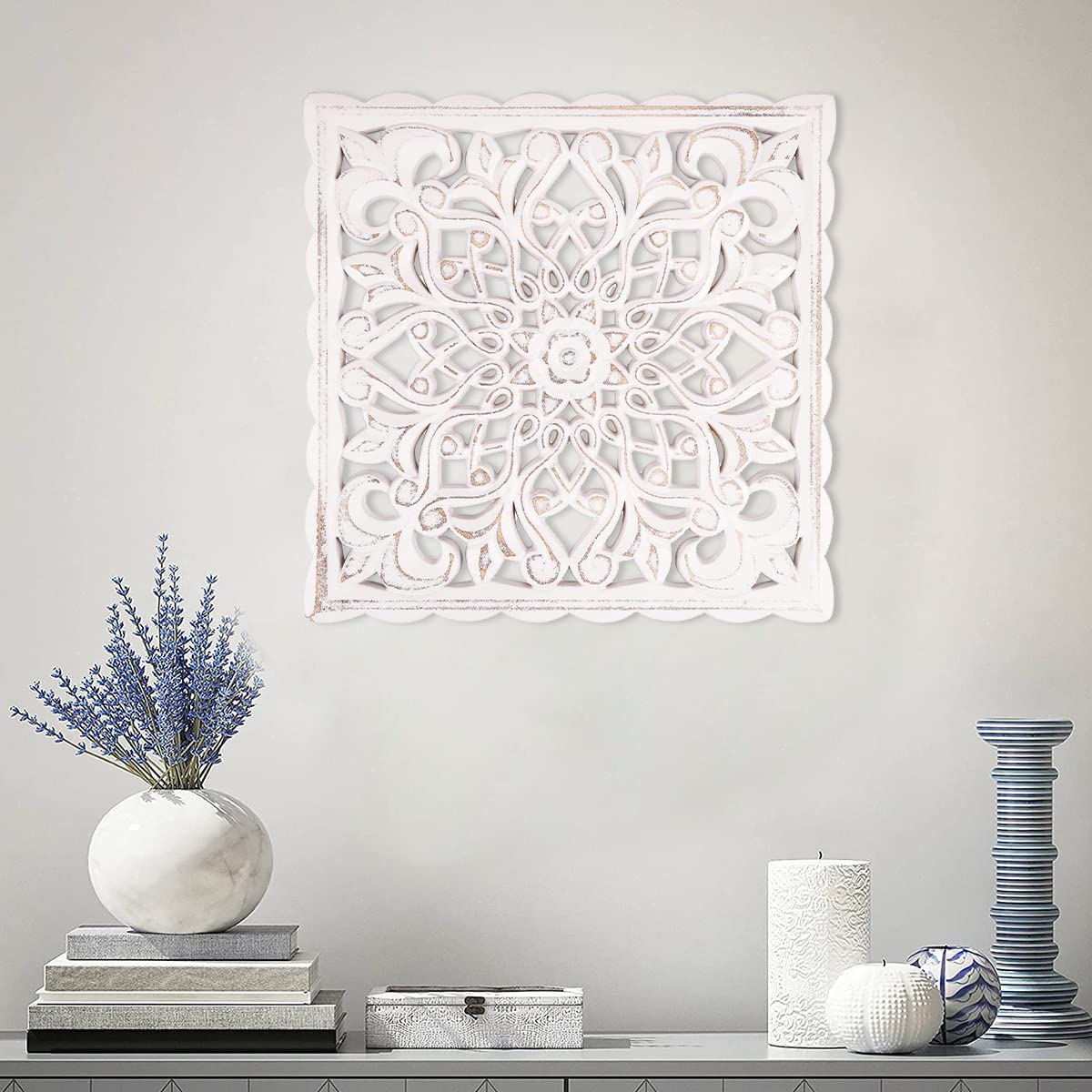 Wood Wall Panel Hanging Decor, 30*30cm Heart-shaped & Square Decorative Carved Floral-Patterned Distressed White, Rustic Wall Art Sculpture Home Wall Ornament for Hallway Living Room Cafe Office