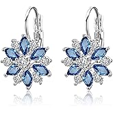 S925 Sterling Silver Sparkly Blue Cubic Zirconia Snowflake Flower Leverback Drop Earrings Elements Boho Retro Dainty Bridal Jewelry Birthday Party