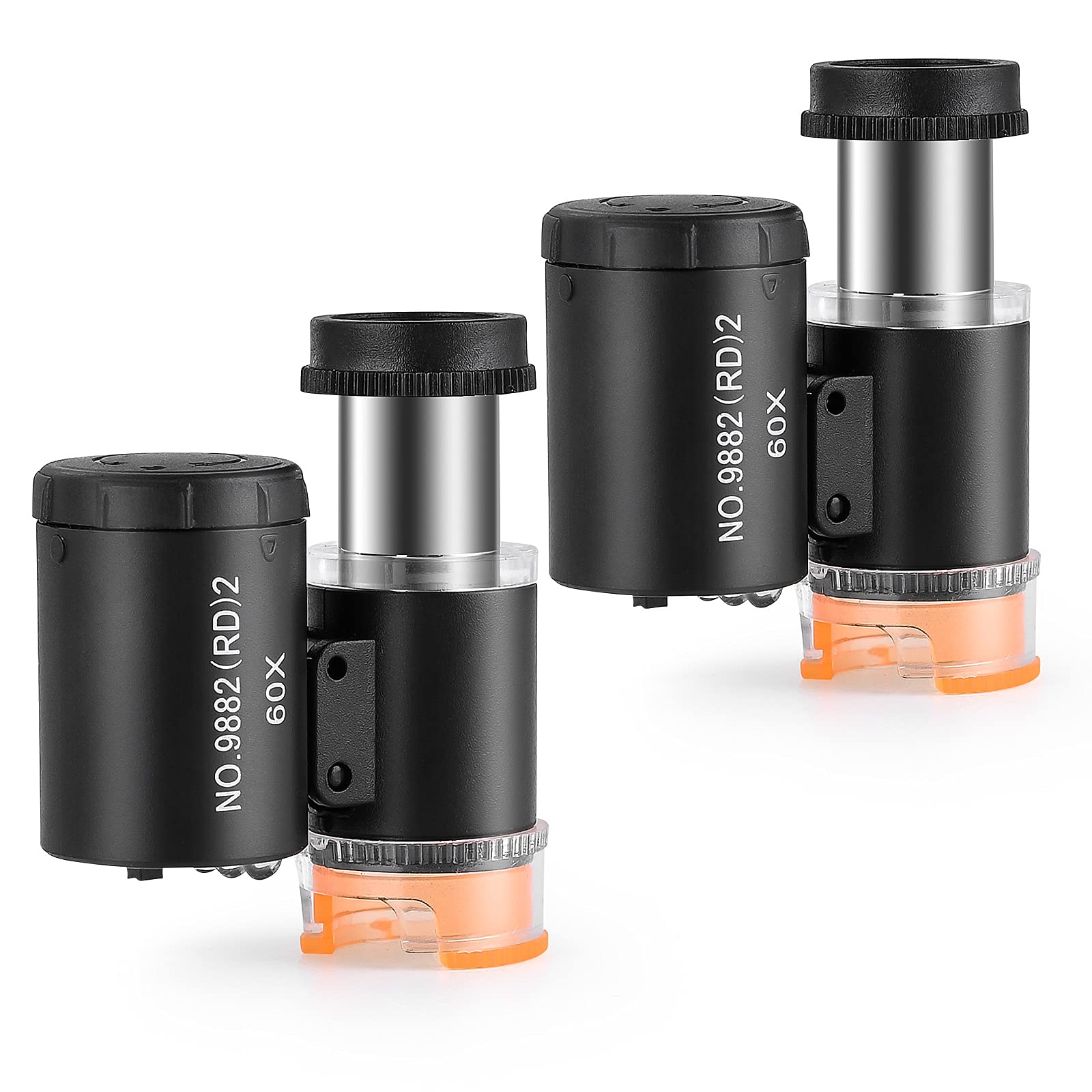 2 Pieces 60X Mini Pocket Microscope, Jewelers Eye Loupe with 3 Light, Portable Magnifying Glass for Handcrafts Jewelry Diamond Gem Coins Currency