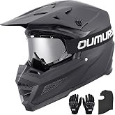 OUMURS DOT Approved Adult Dirt Bike Helmet, Full Face ATV, Black, M | Approx. 1350g Helmet with Adjustable Sun Visor; Includes Goggles, Gloves and Face Mask for Motocross and Off-Road Riding