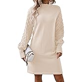 Pink Queen Women's Long Sleeve Sweater Mini Dress Casual Loose Mock Neck Empire Waist Cocktail Party Knit Short Dresses