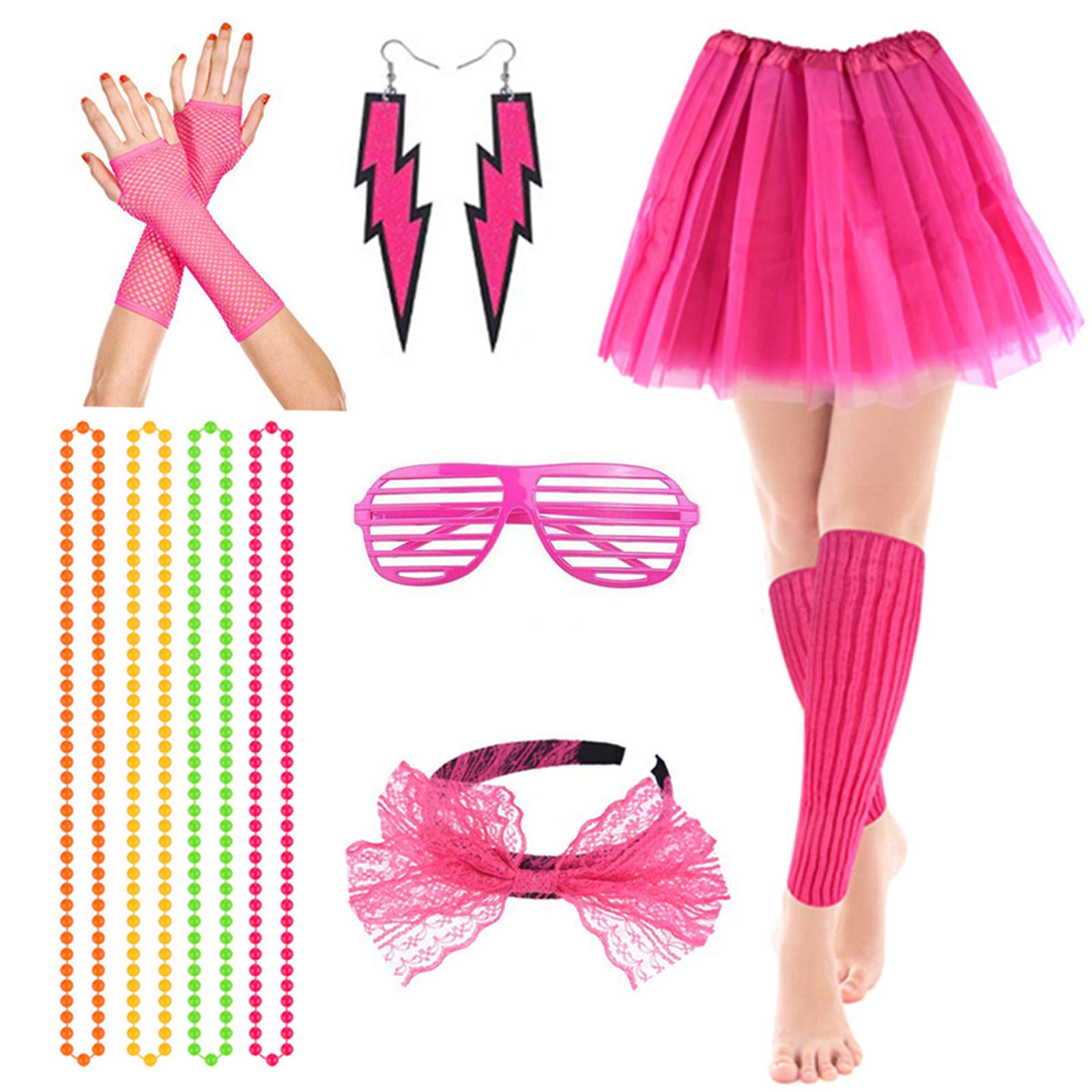 80s Fancy Party Costume Accessories Set,Adult Tutu Leg Warmers Fishnet Pink Gloves Neon Necklaces Bead 80s Lace Bow Headband Lighting Earrings Sunglasses,1980s Fancy Dress Women Night Out Party