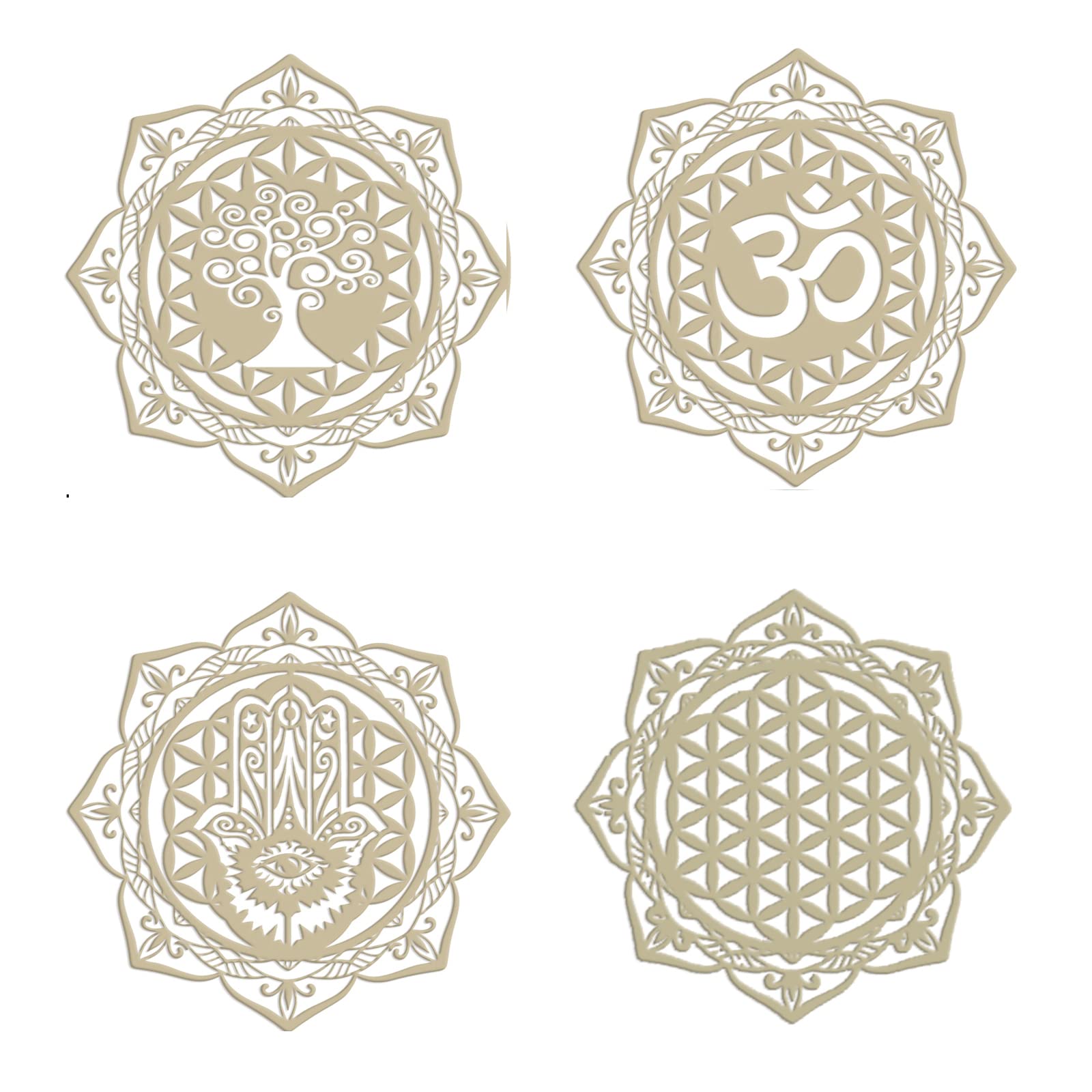 Sacred Lotus Flower Wall Art Set 4Pcs 12” Wood Om Wall Decor Mandala Hamsa Hand Wooden Art Tree of Life Yoga Decor Crystal Grid Meditation Chakra Wood Wall Hanging Decor Spiritual Gifts Zen Home Decor