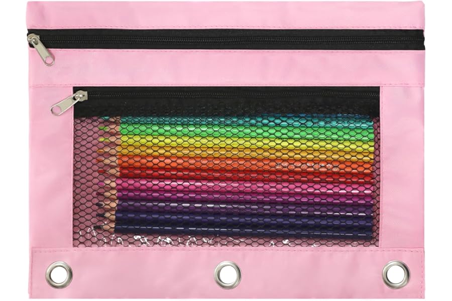 Pencil Pouch for 3 Ring Binder, Heavy Duty Canvas Dual Zipper Pen Bag with Clear Window, Smooth Metal Zipper, Fit Standard 3-Ring Binders for School Office Travel Supplies (Pink)