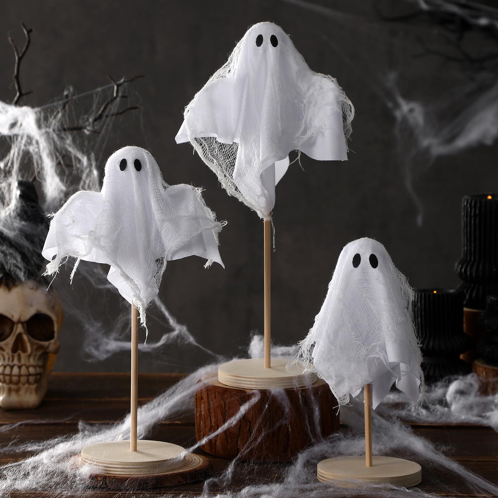 Photo 1 of Amyhill Halloween Decorations Indoor - 3 Pcs Primitive Halloween Ghosts on Wooden Stand Decorations Indoor Cute Ghost Decor for Table Centerpieces, Shelves, and Mantels