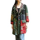 LZJN Floral Patchwork Duster Coat for Women, Handmade Frog Button Cotton Linen, Oversized Bohemian Vintage Blazer Jacket