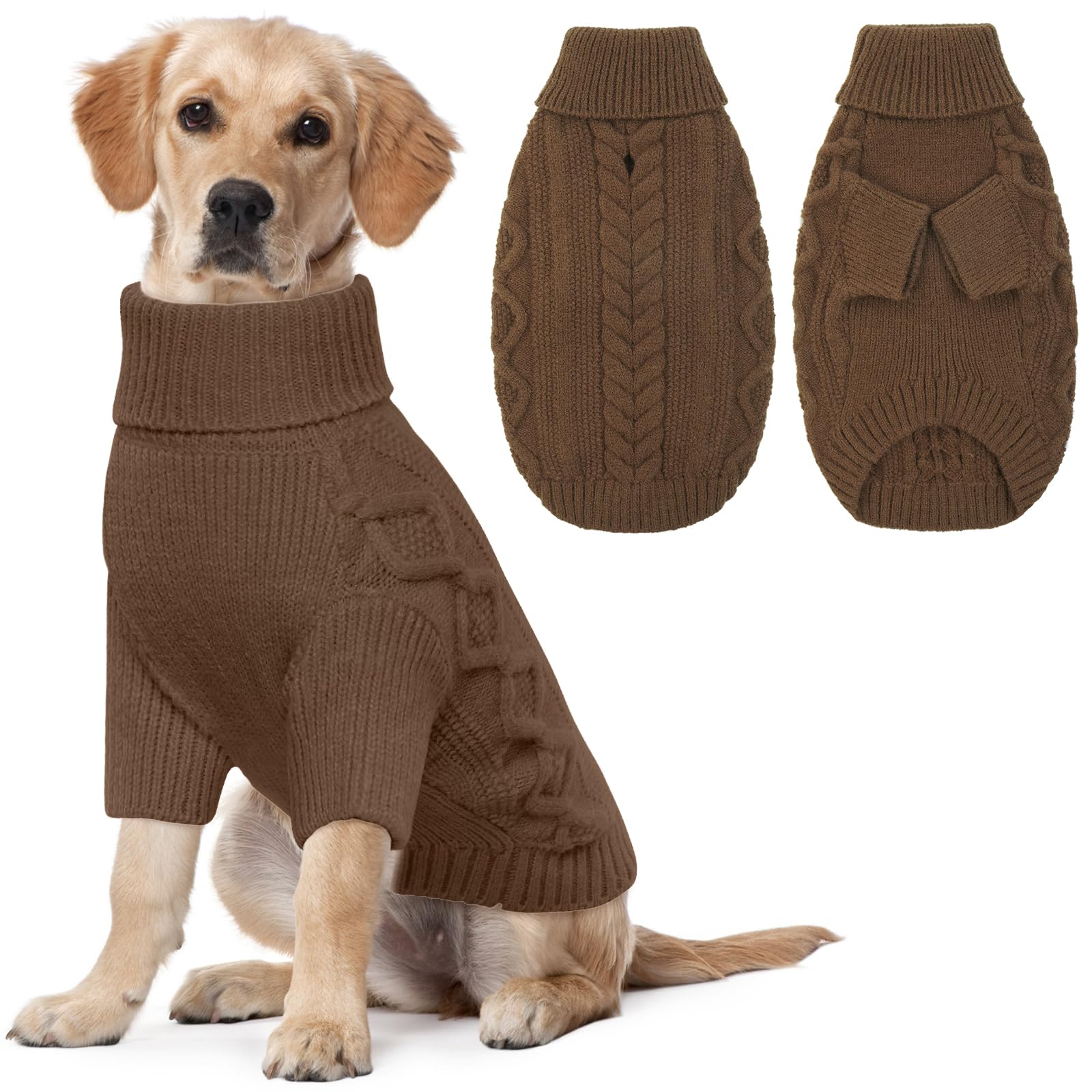LeLePet Dog Jumpers Winter Dog Pullover, Knitted Warm Turtleneck Dog Christmas Sweater for Cold Weather, Soft Dog Knitwear for Large Dogs Boys Girls Pet Vest Outfit Cat Sweater, Coffee, 2XL — image 1