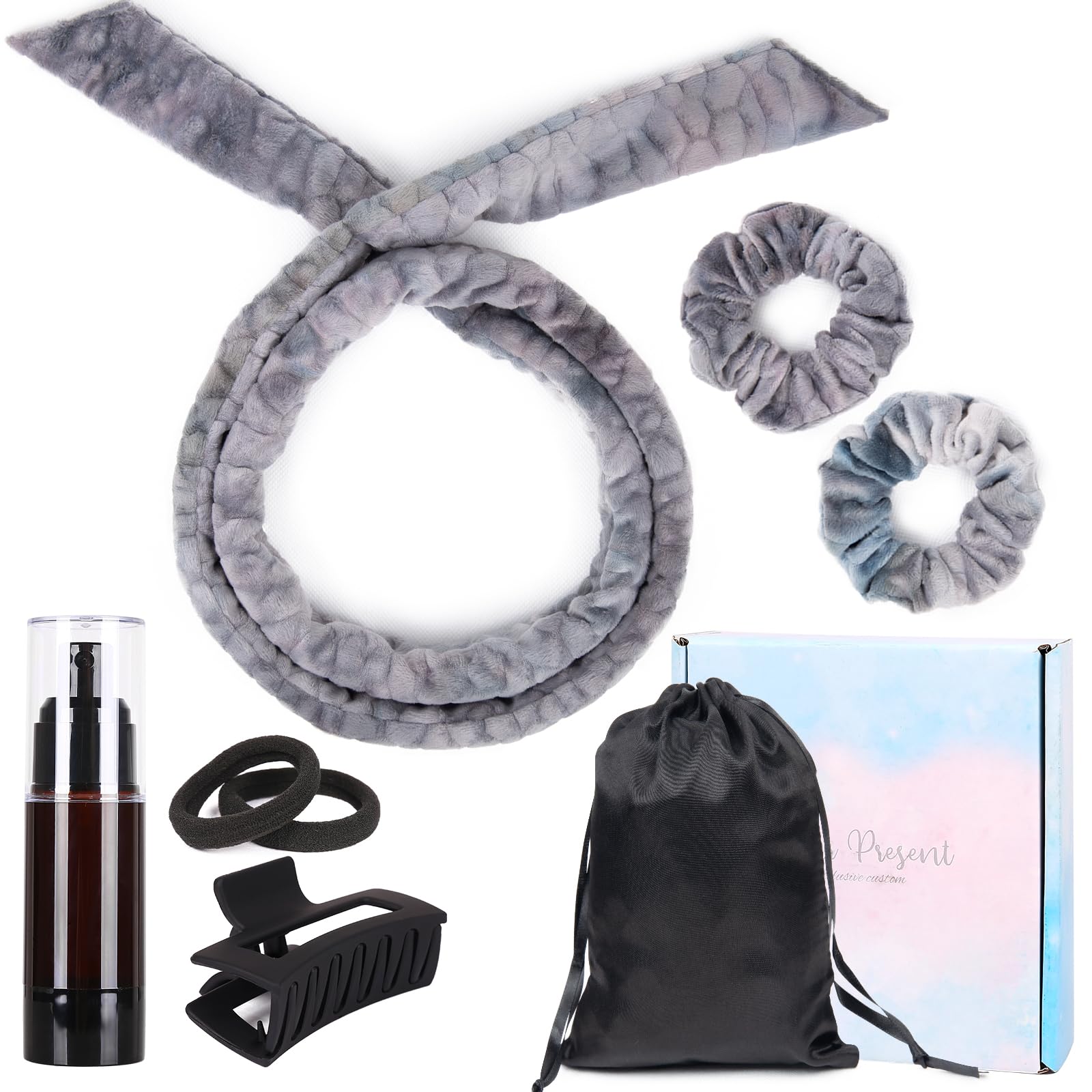 Heatless Curlers Headband Set, Velour Heatless Curls, Soft and Comfortable Heatless Hair Curlers, Hair Curlers No Heat for Hair DIY (Gray White)