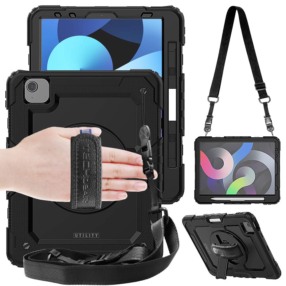 TECHGEAR UTILITY Case for iPad Air 10.9" 5th & 4th Generation 2022/2020, Tough Rugged HEAVY DUTY Armour Shockproof Case with 360 Rotating Stand, Hand Strap and Shoulder Strap - BLACK