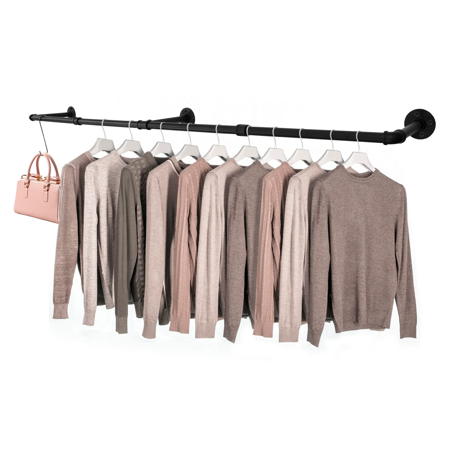 Dyna-Living Clothes Rack Wall Mounted Clothes Rail 184cm Industrial Pipe Clothes Hanging Bar with 10 Hooks, Retro Metal Garment Bar Hanging Rail for Shops, Home