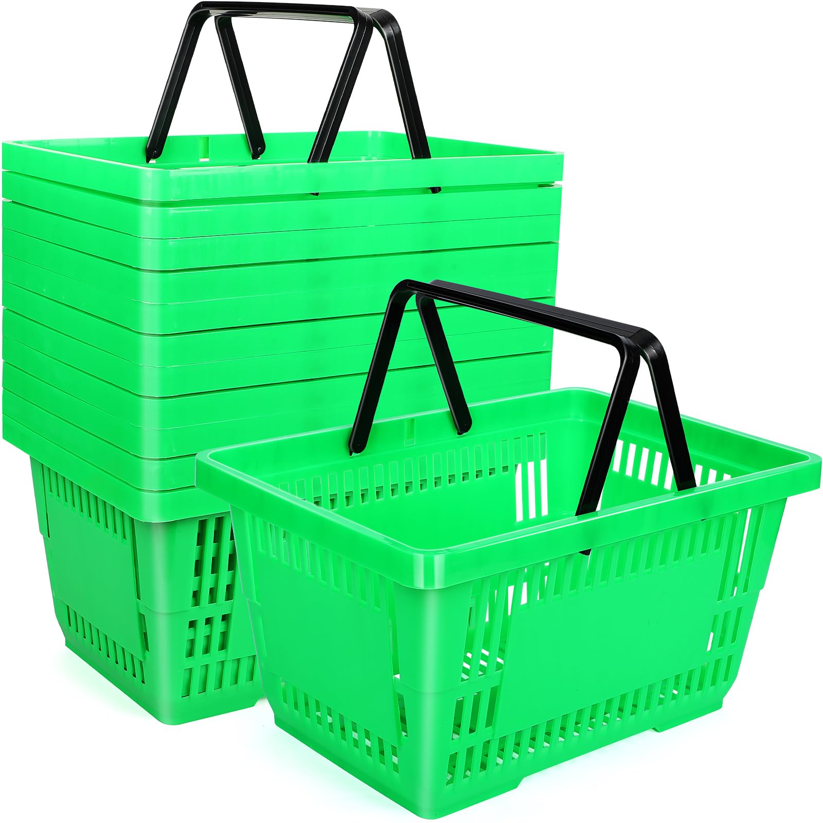Photo 1 of 12 Pcs Shopping Baskets 20 L Plastic Store Retail Baskets with Handles 16.9 * 11.8 * 9.1 Inches for Market Grocery Supplies Thrift Convenience Storage(Green)