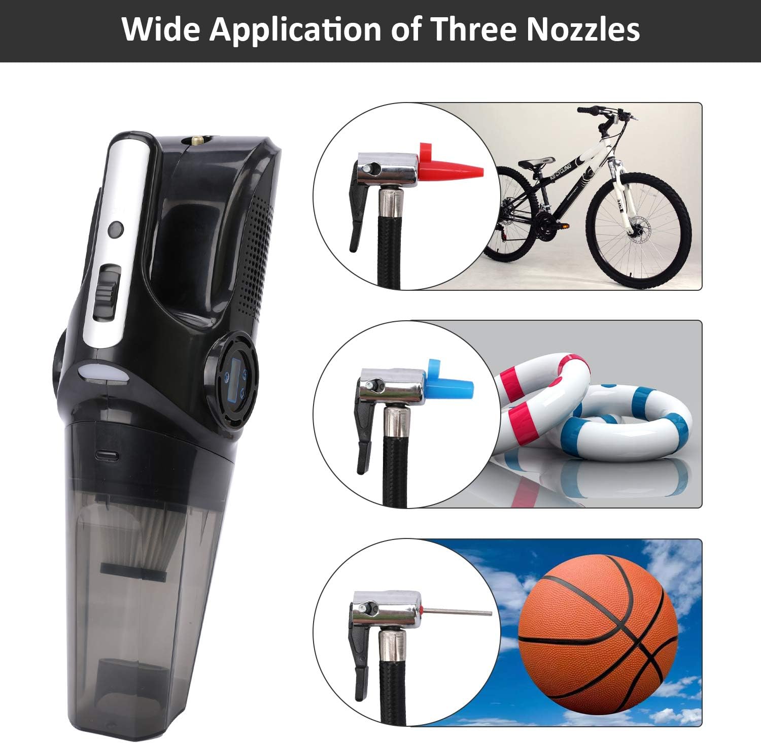Qukpa 4 in 1Portable Car Vacuum Cleaner Air Compressor Tire Inflator with Digital Tire Pressure Gauge LCD Display DC12V High Power 6000PA Handheld Car Vacuum with LED Light for Wet and Dry Use: Automotive