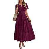 BTFBM Womens Summer 2026 Casual Midi Maxi Dresses Lightweight Short Sleeve V Neck Elastic Waist Boho Beach Dress Pockets