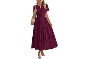 BTFBM Womens Summer 2025 Casual Midi Maxi Dresses Lightweight Short Sleeve V Neck Elastic Waist Boho Beach Dress Pockets
