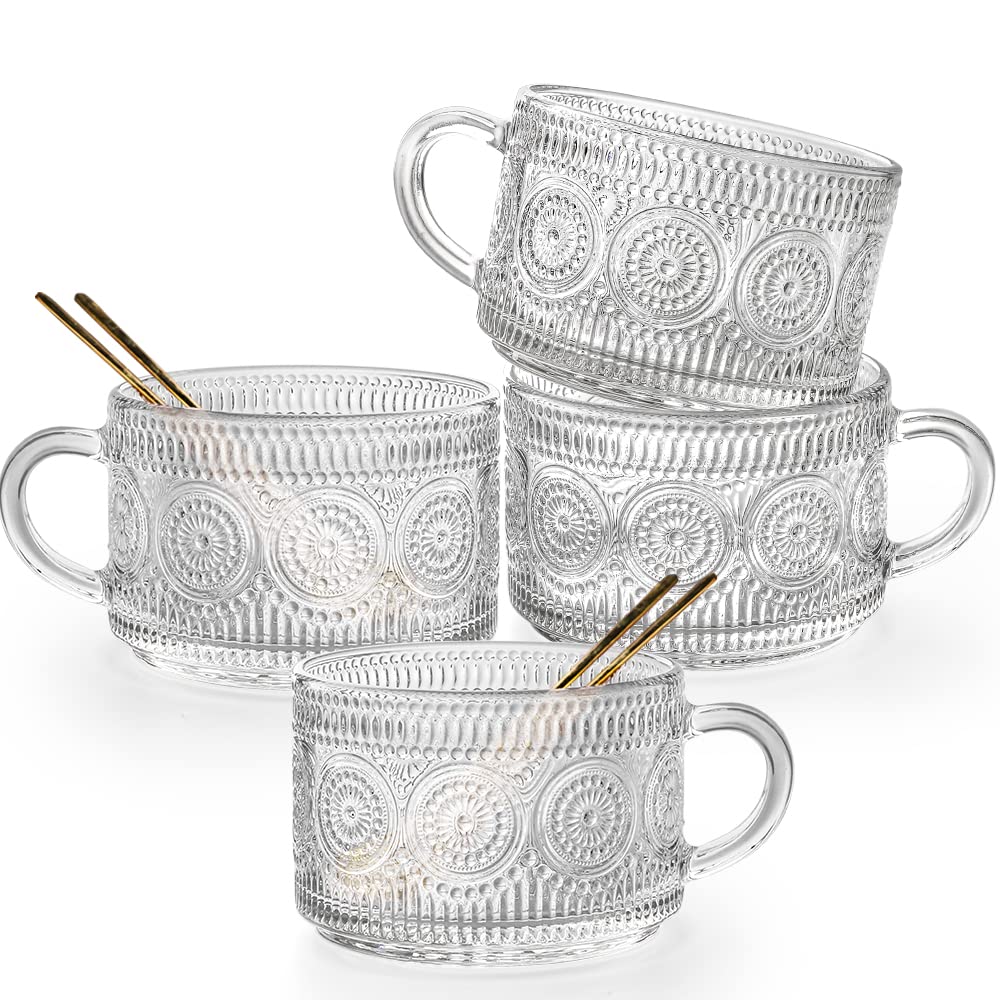 Gutsdoor Vintage Glass Coffee Mugs Set of 4, 14 Oz Clear Embossed Glass Coffee Cups, Stackable Breakfast Cups with Gold Spoon for Cereal, Latte, Tea, Beverages (Sunflower*4).