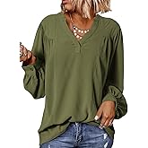 Dokotoo Womens Blouses Tops for Women Trendy V Neck Smocked Blouses for Women Dressy Casual Long Sleeve Shirts