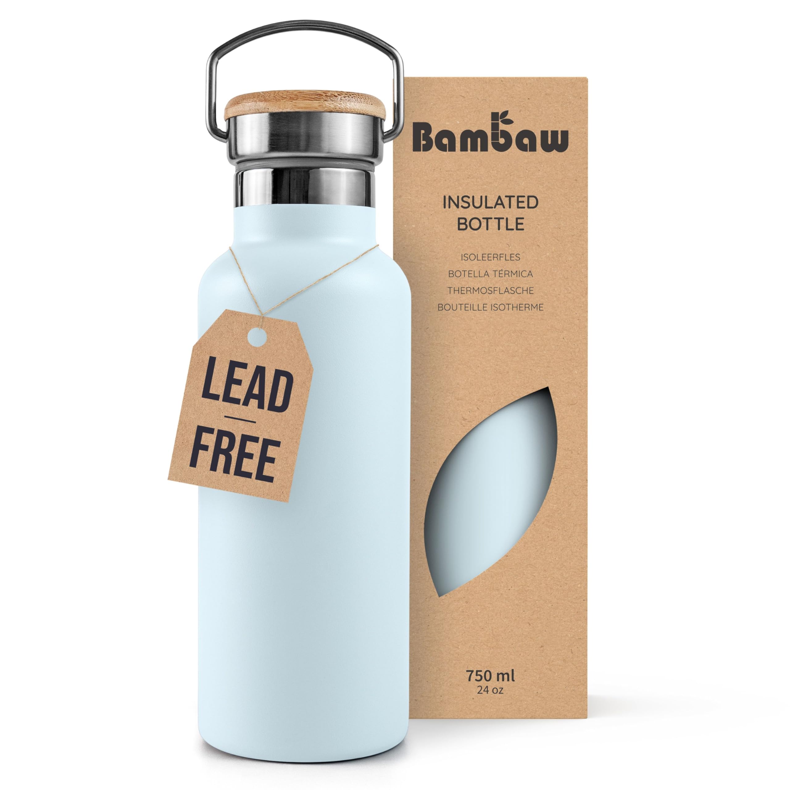 Bambaw Insulated Stainless Steel Bottle 750ml, Water Bottle 750ml Insulated for Hot & Cold Drinks, Double-Walled, Leak-Proof & Lightweight, Travel-Friendly (Ice Blue)