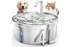 SIBAYS Cat Water Fountain Stainless Steel, 4L/135OZ Pet Fountain for Cats, Automatic Dog Water Bowl Dispenser with Triple Filtration & Ultra Quiet Pump & Water Level Window, Easy to Assemble & Clean